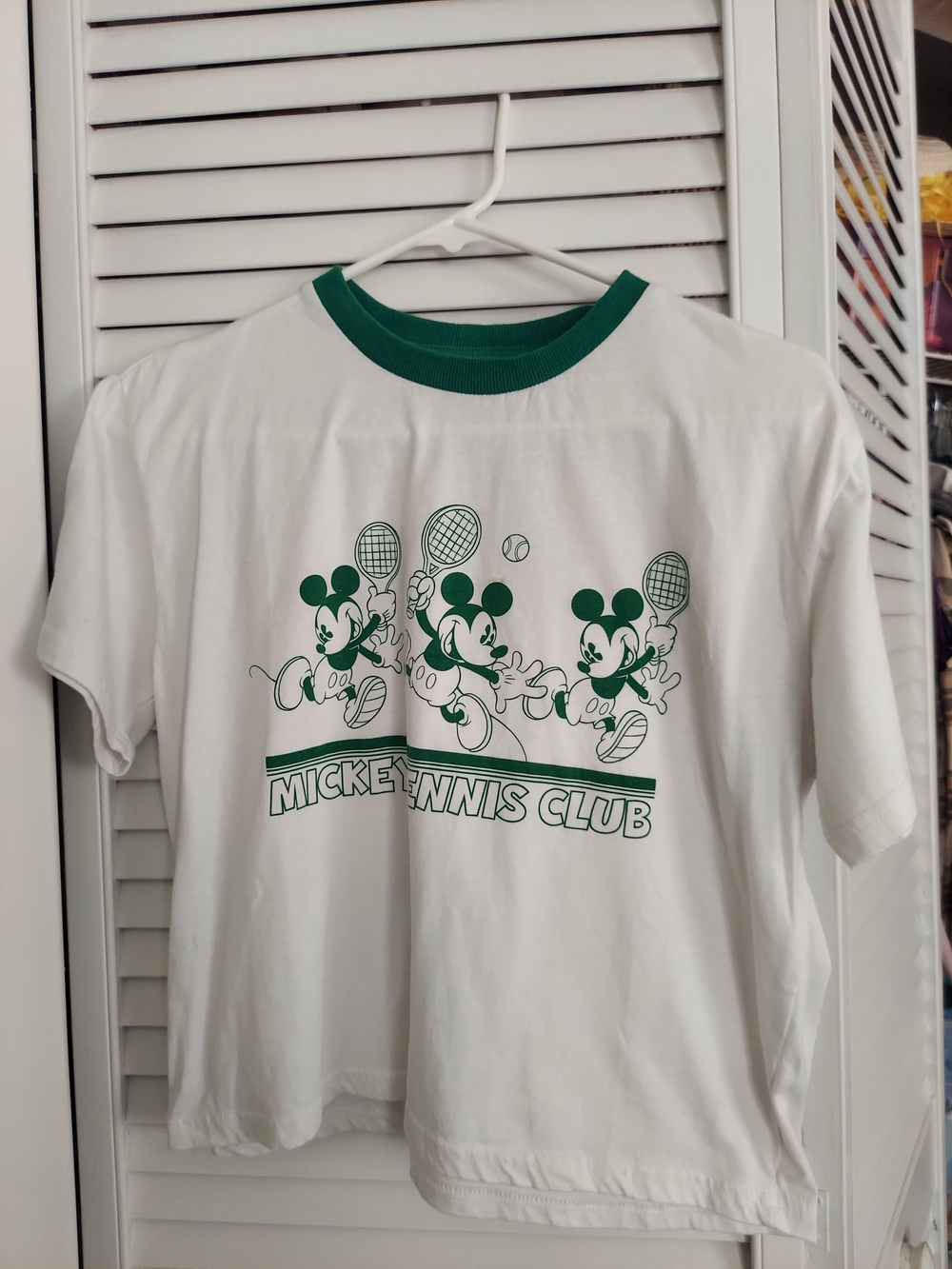 Disney WOMENS CROP TOP White Tee with Green Mickey Tennis Graphic